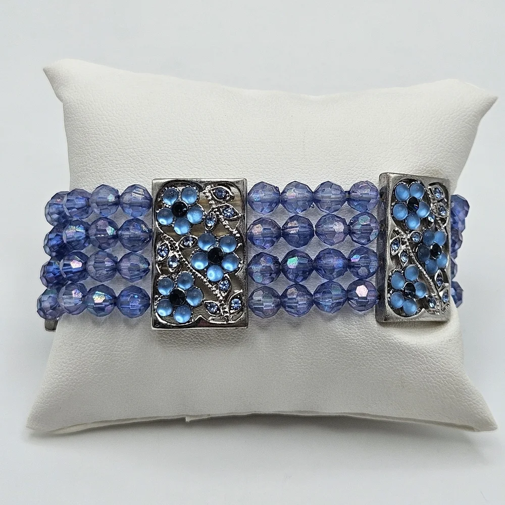 VINTAGE Blue Beaded Flower Rhinestone Silver Tone Stretch Bracelet